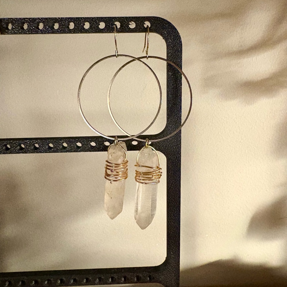 Crystal Point Hoop Earrings - Clear Quartz on Gold Wire